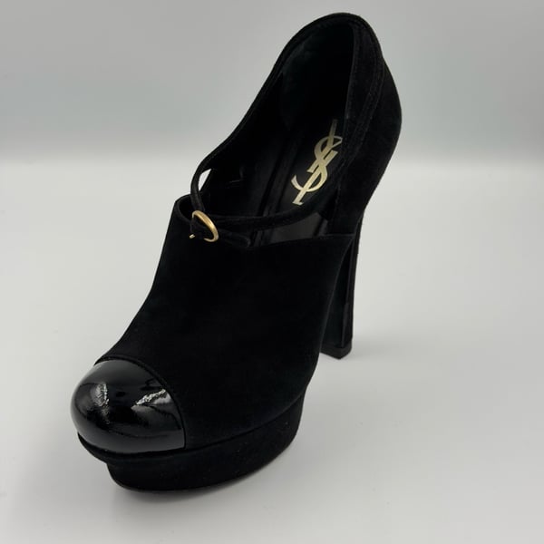 Yves Saint Laurent Black Suede Palais 105 Mary Jane Platform Pumps with Patent Toe 38