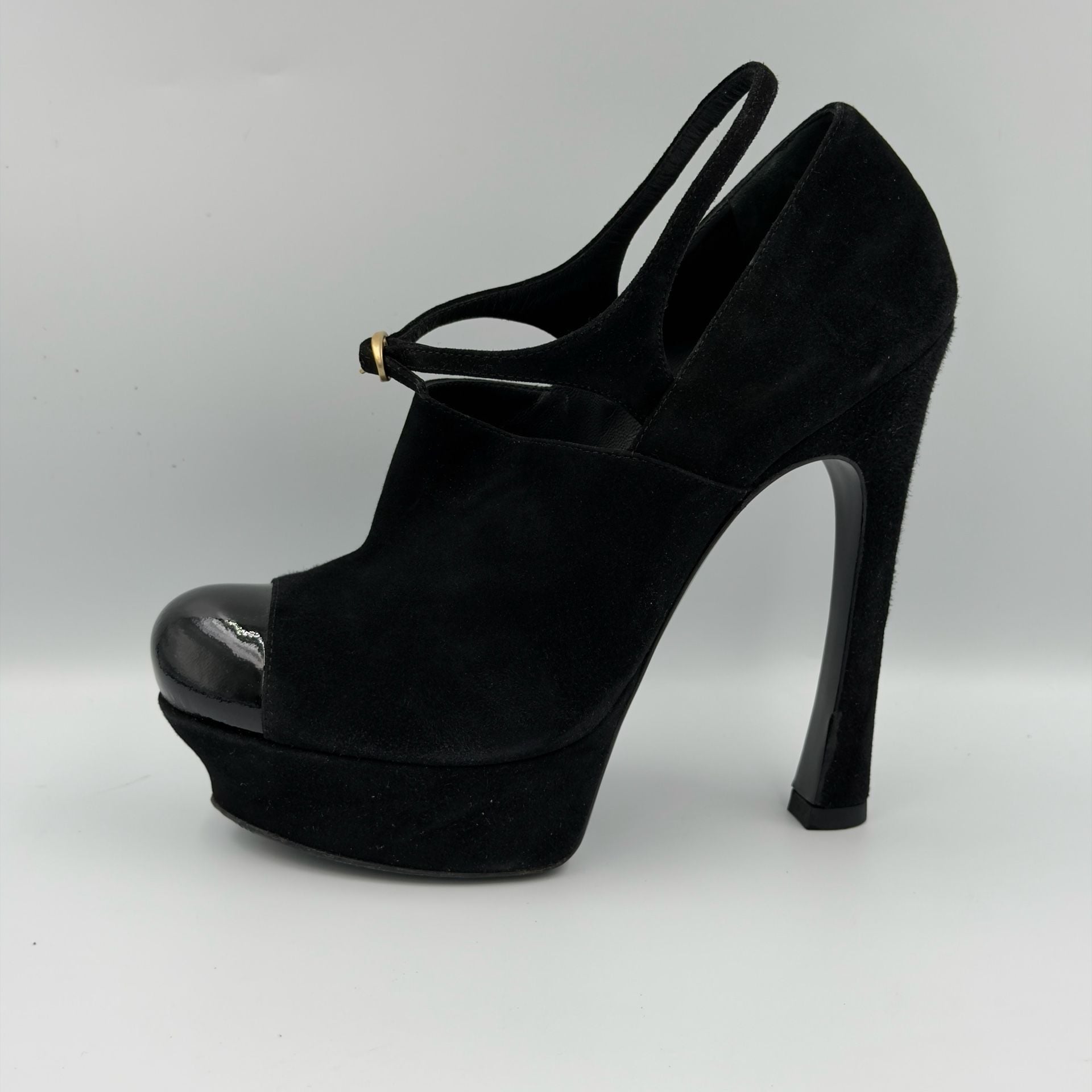 Yves Saint Laurent Black Suede Palais 105 Mary Jane Platform Pumps with Patent Toe 38 4