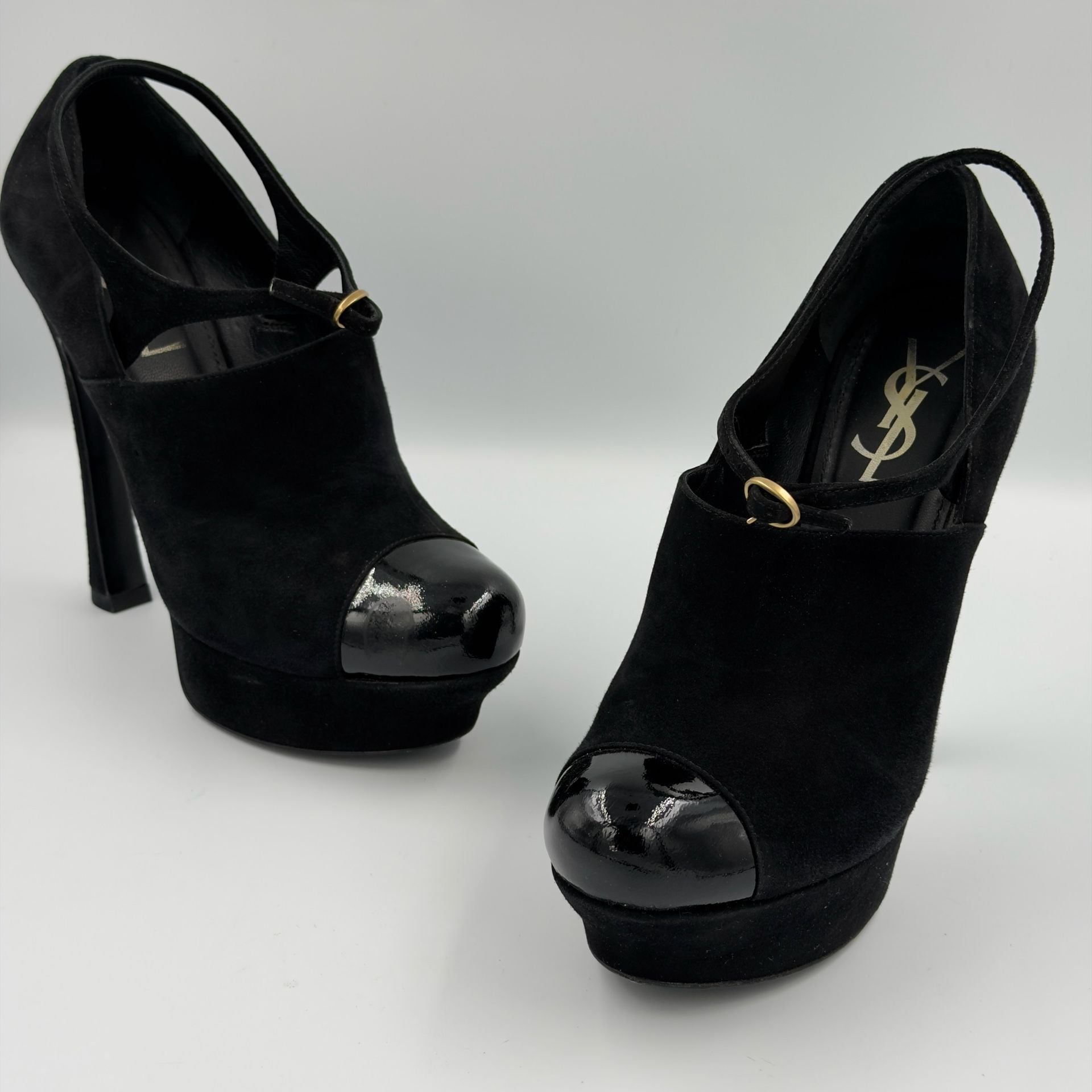 Yves Saint Laurent Black Suede Palais 105 Mary Jane Platform Pumps with Patent Toe 38 6