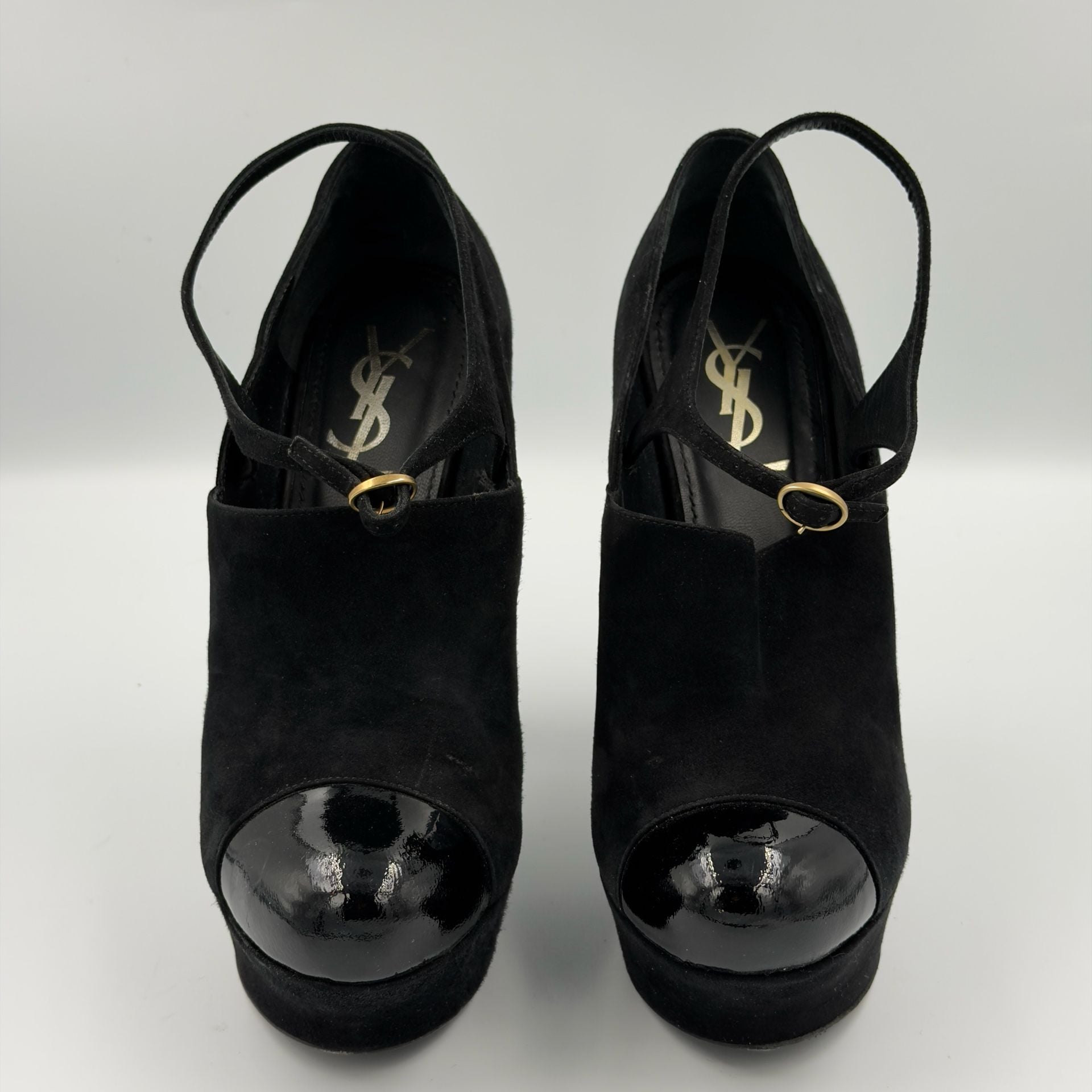 Yves Saint Laurent Black Suede Palais 105 Mary Jane Platform Pumps with Patent Toe 38 8