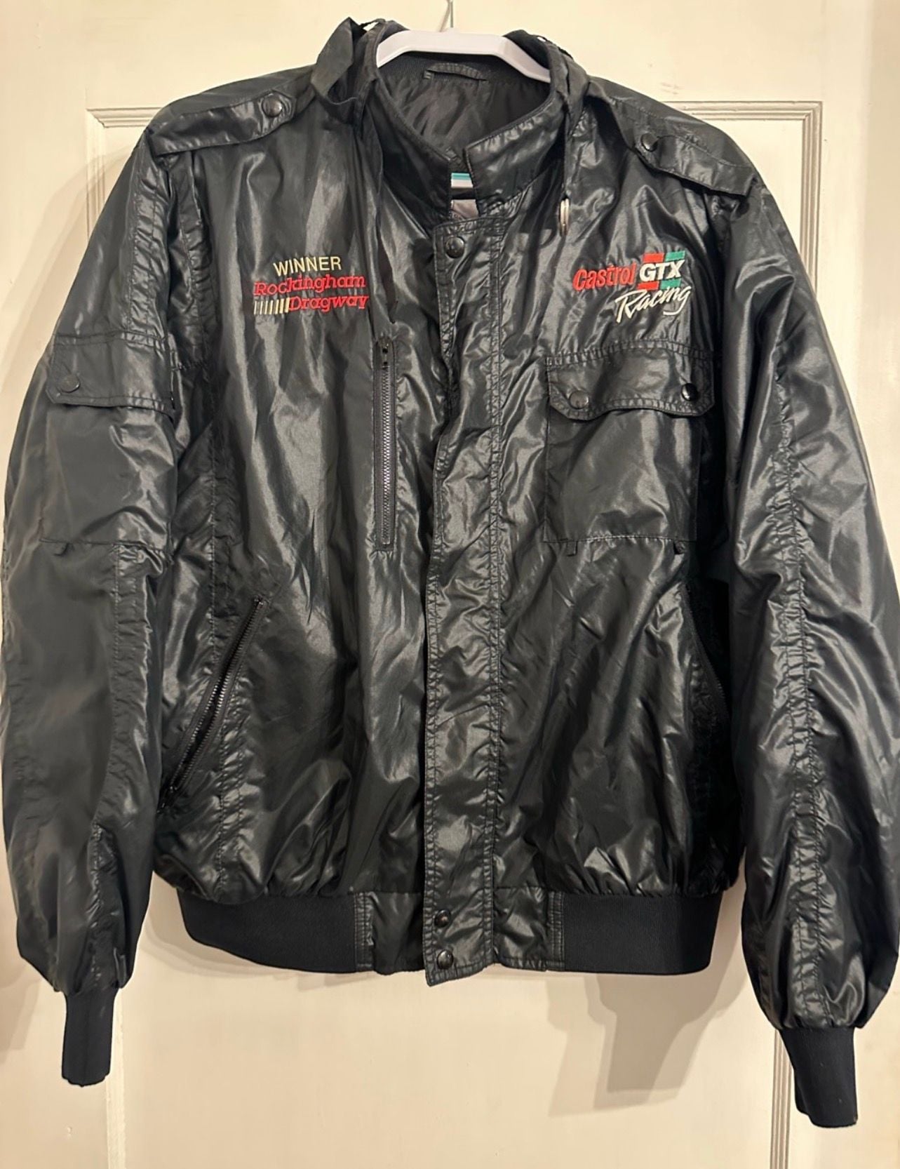 Vintage 80s Castrol GTX Racing Rockingham Dragway Winner Bomber Jacket XL 2
