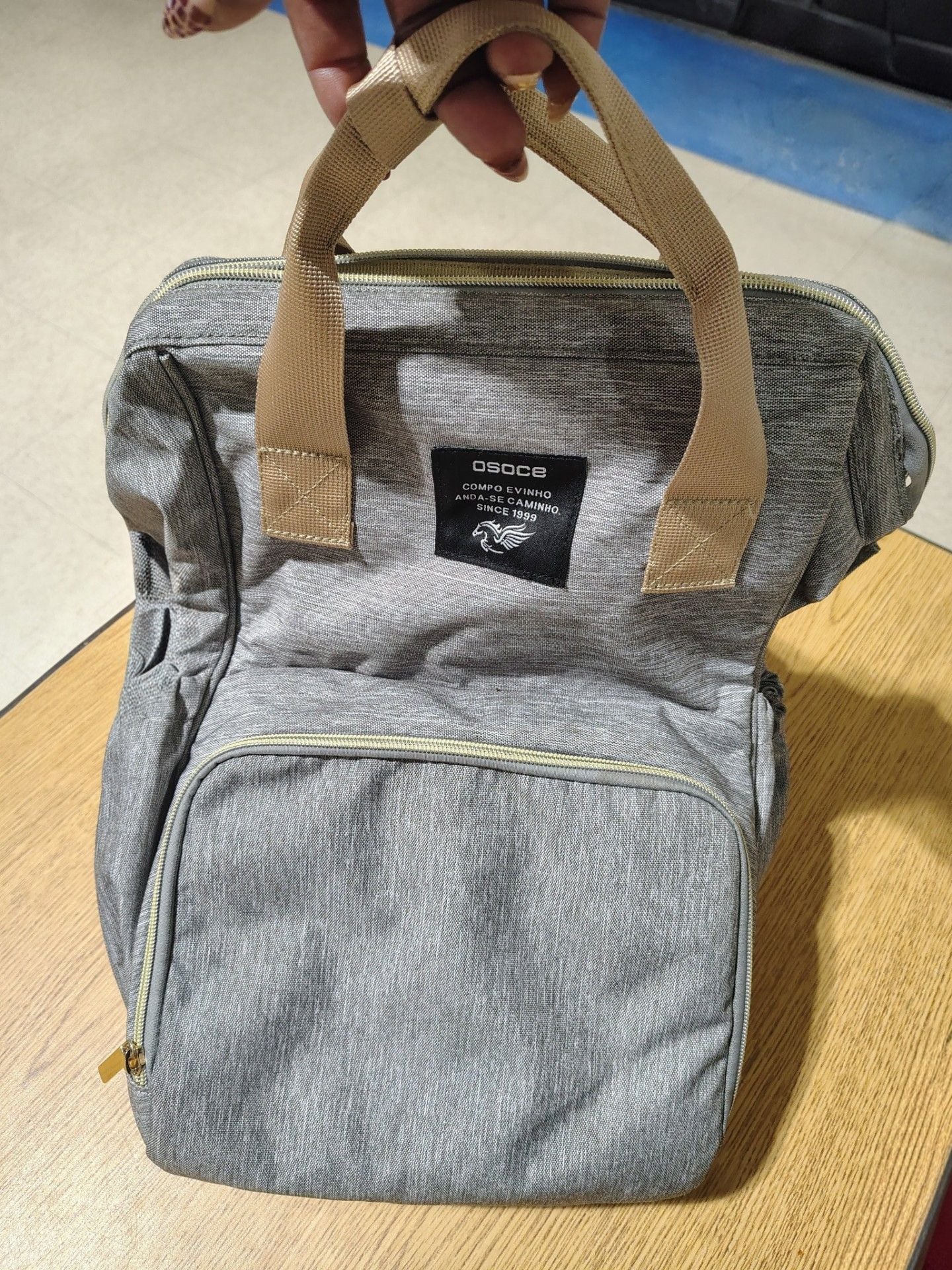 OSOCE Compo Evinho Gray Canvas Laptop Diaper Backpack with Tan Straps 3