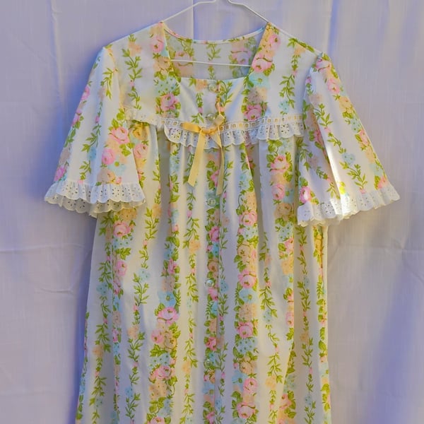 Vintage 70s Sears Floral Nightgown Lace Flutter Sleeve 