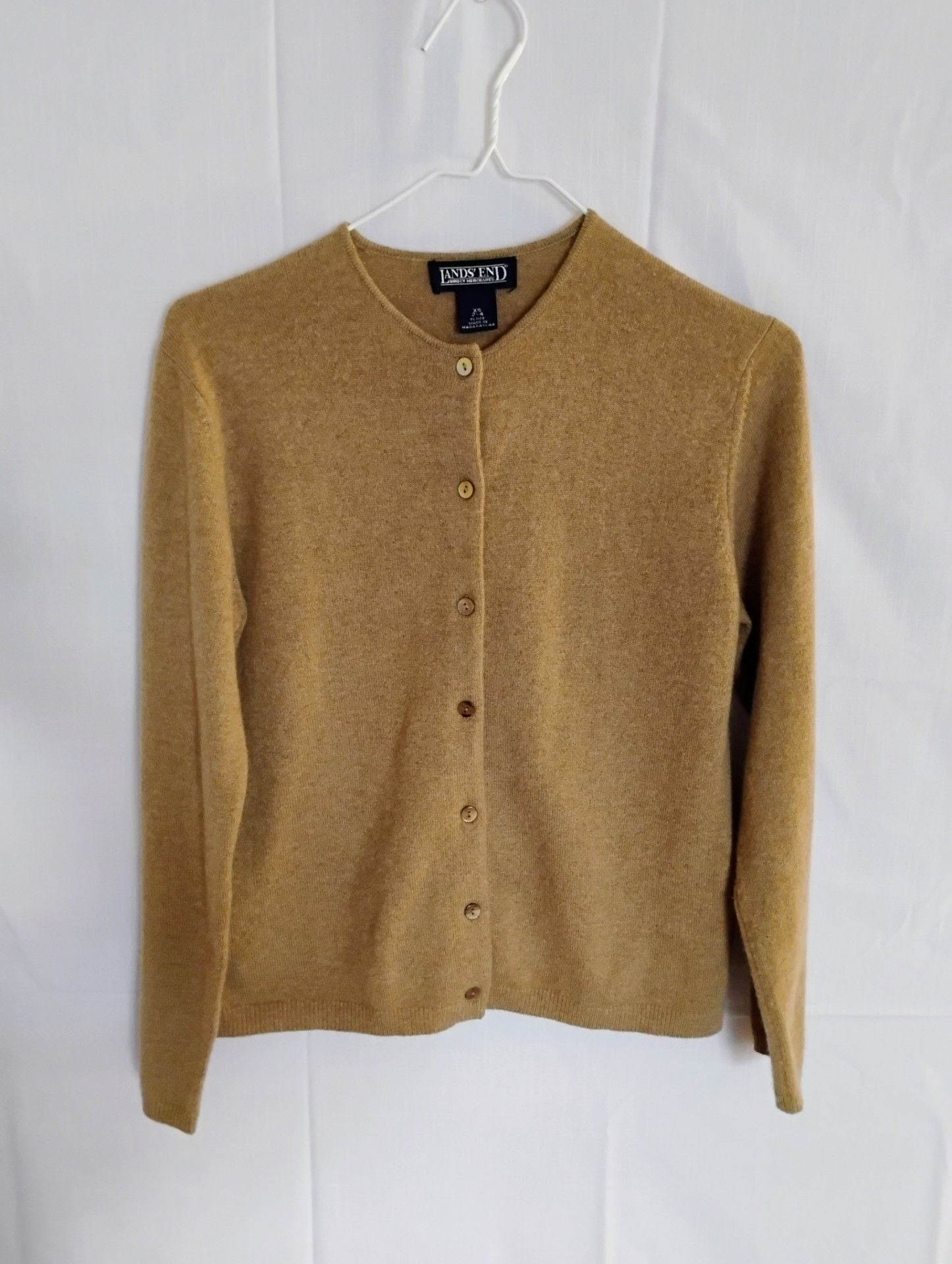 Lands' End 100% Cashmere Crew Neck Button-Down Cardigan - Camel/Tan Petite XS 1