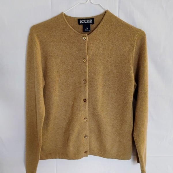 Lands' End 100% Cashmere Crew Neck Button-Down Cardigan - Camel/Tan Petite XS