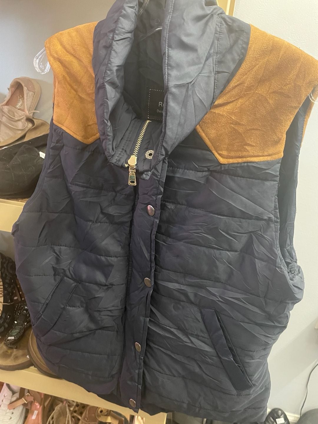 RolyPoly Navy Puffer Vest with Western Faux Suede Yoke 2