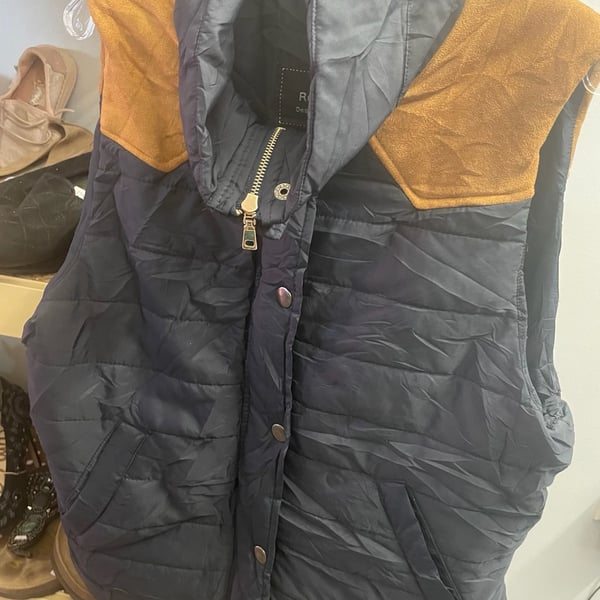 RolyPoly Navy Puffer Vest with Western Faux Suede Yoke
