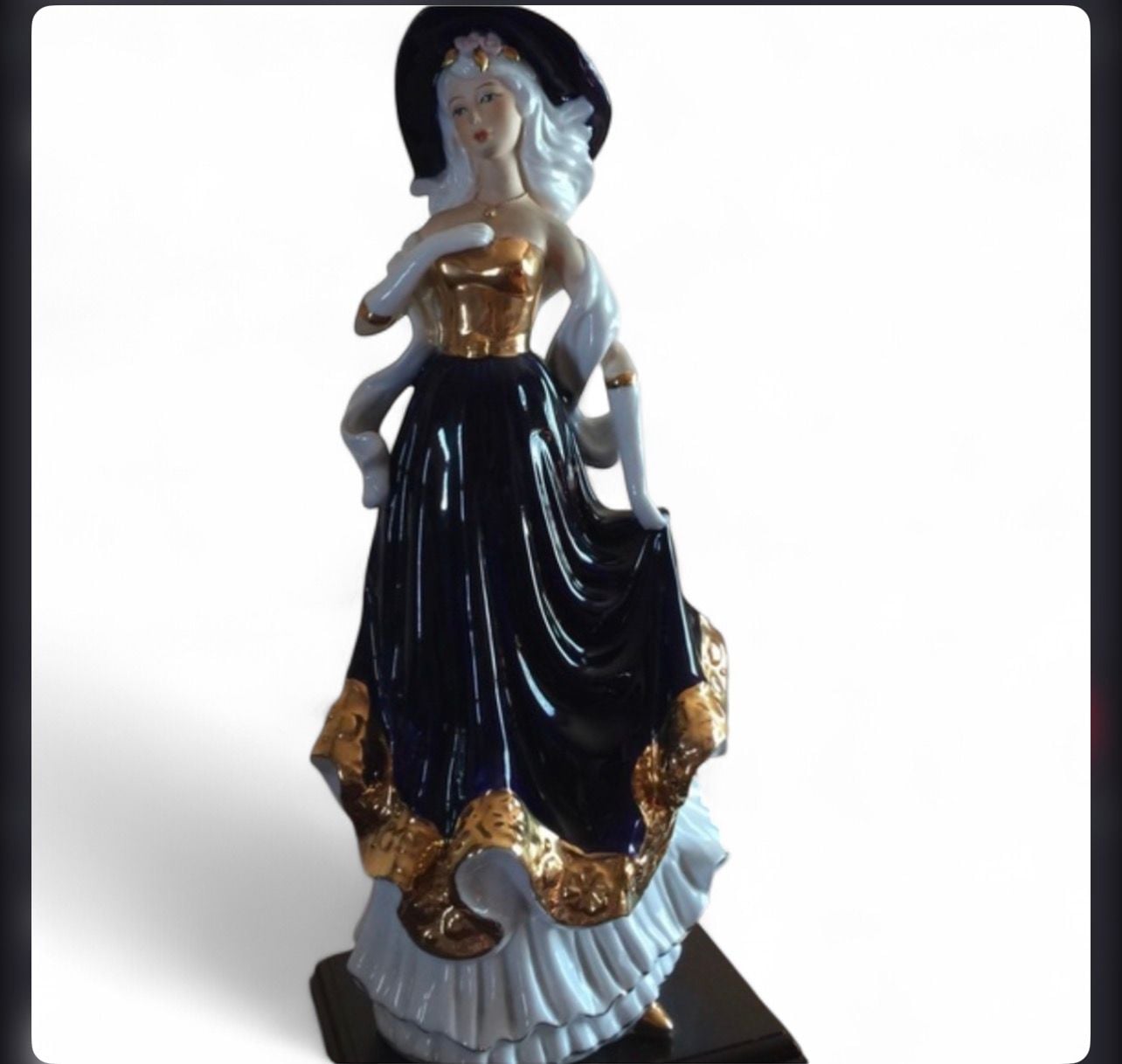 Sorelle Porcelain Figurine Lady in Art Deco Navy and Gold Gown with Hat 1