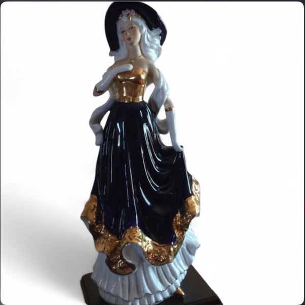 Sorelle Porcelain Figurine Lady in Art Deco Navy and Gold Gown with Hat