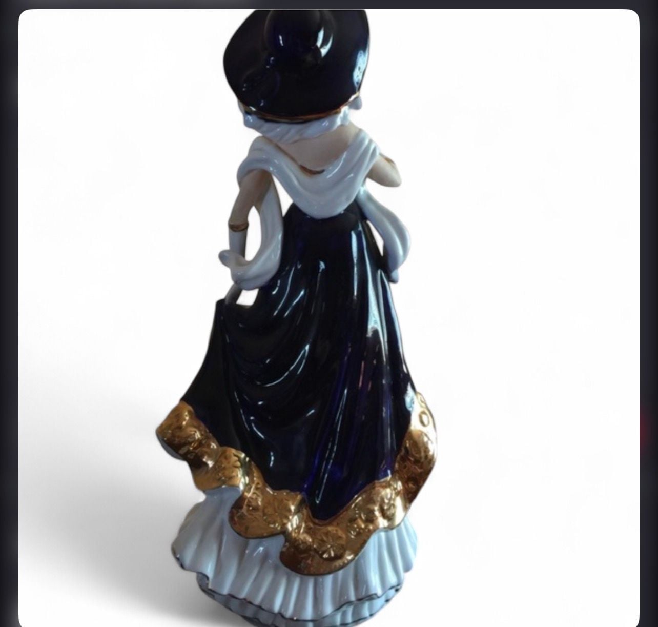 Sorelle Porcelain Figurine Lady in Art Deco Navy and Gold Gown with Hat 2