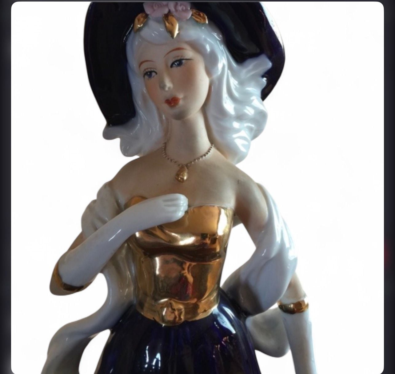 Sorelle Porcelain Figurine Lady in Art Deco Navy and Gold Gown with Hat 4