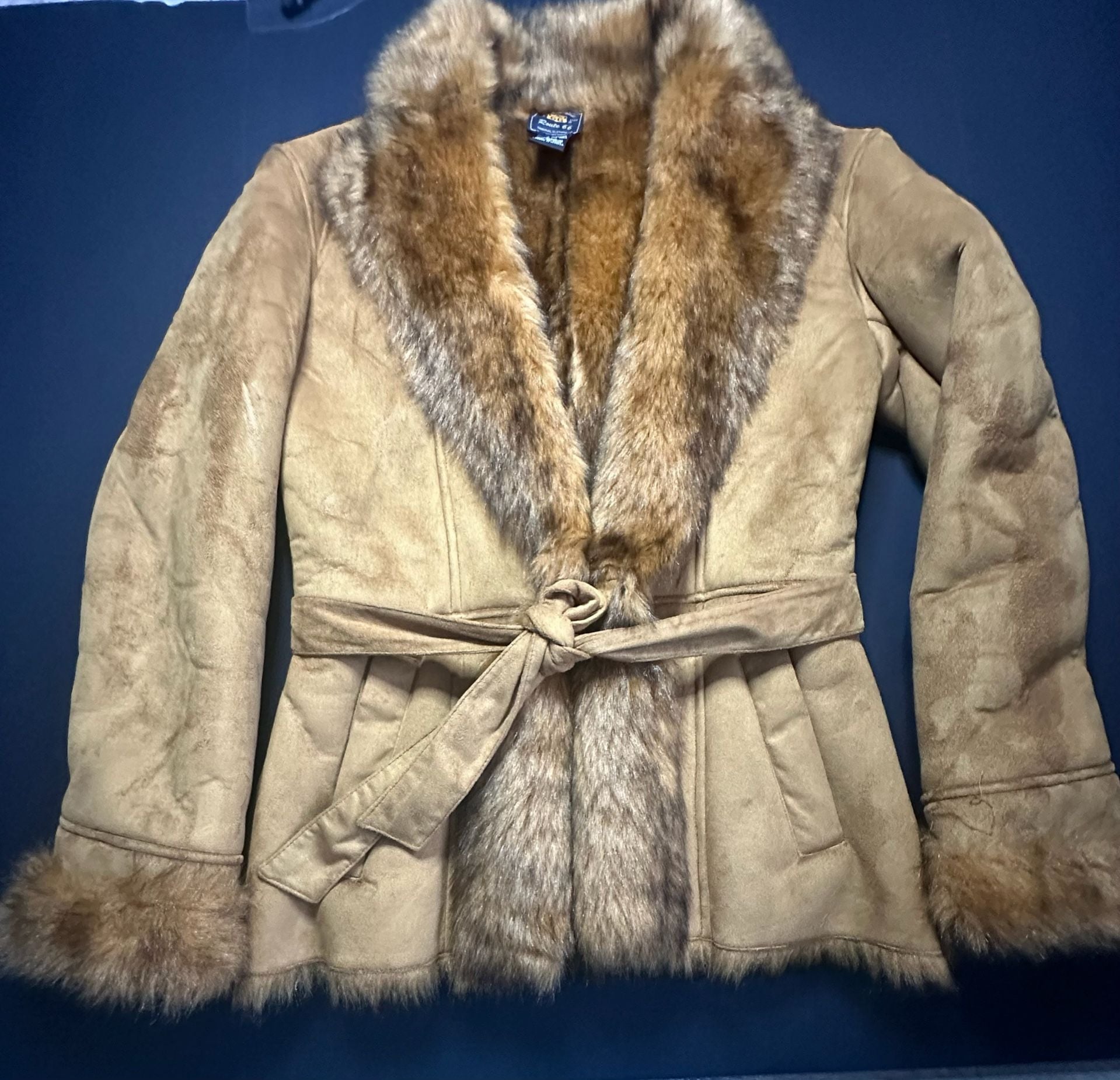 Vintage Y2K Route 66 Faux Fur Lined Suede Jacket with Tie Waist 2