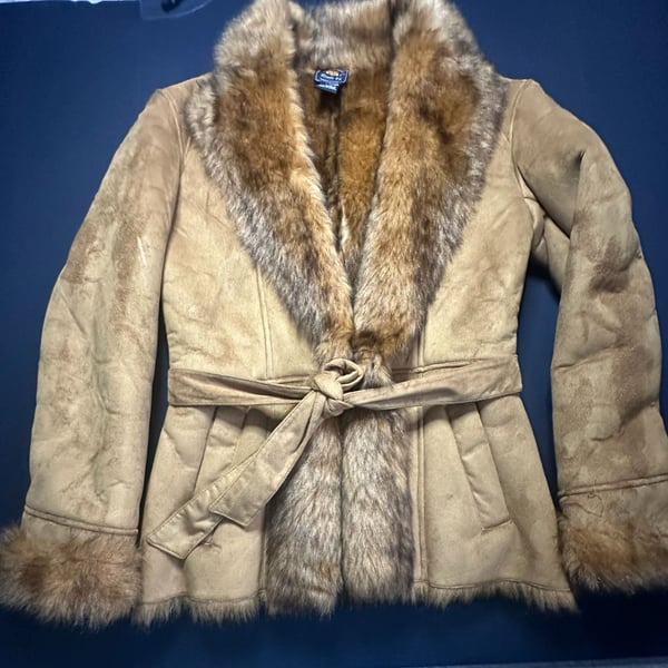 Vintage Y2K Route 66 Faux Fur Lined Suede Jacket with Tie Waist