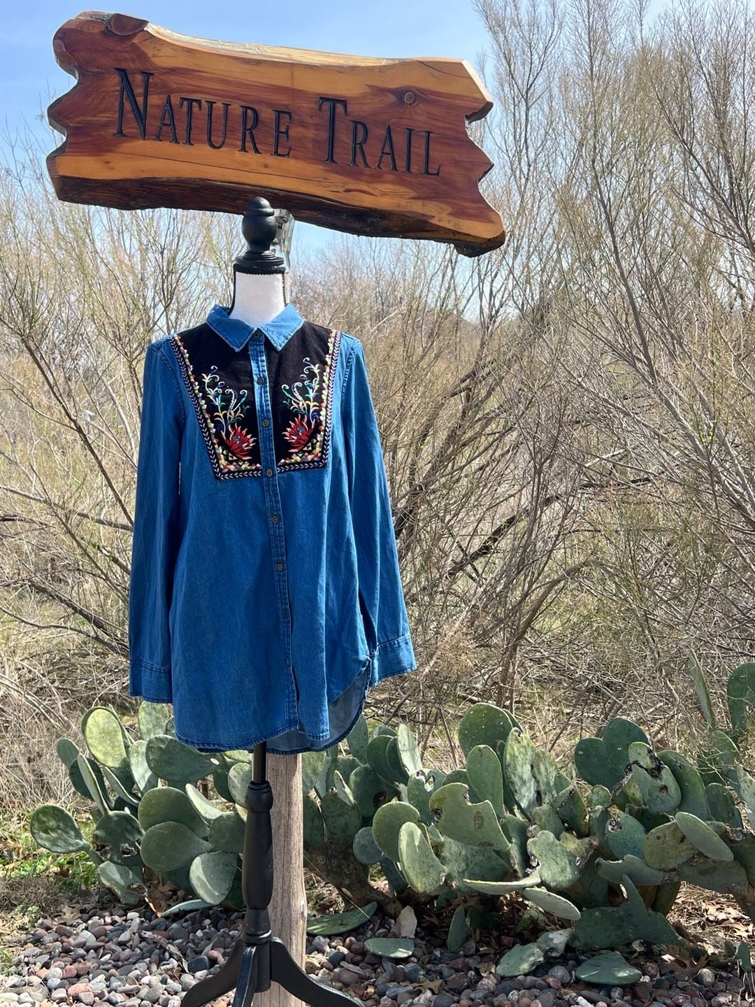 Anthropologie Holding Horses Embroidered Velvet Panel Denim Chambray Tunic 2