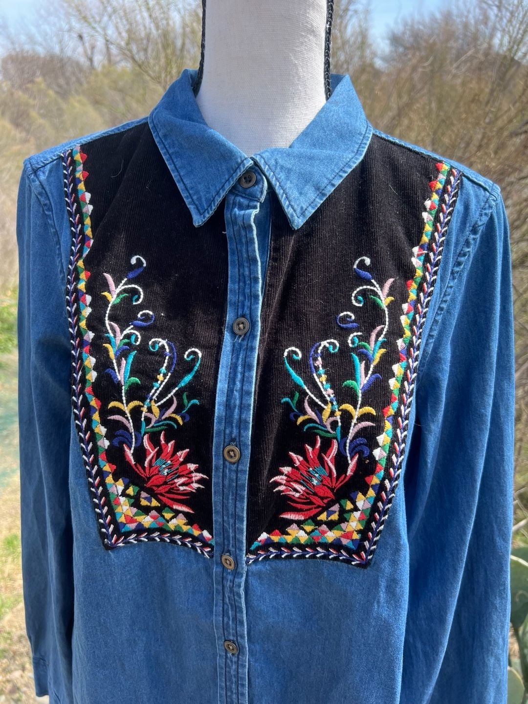 Anthropologie Holding Horses Embroidered Velvet Panel Denim Chambray Tunic 4