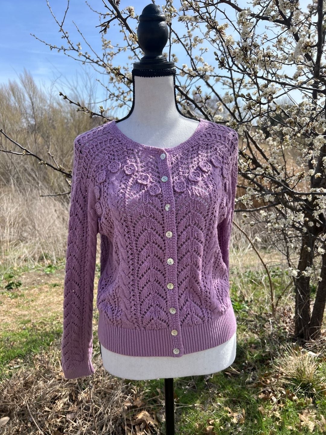 Sundance Lavender Crochet Floral Lace Knit Button Front Cardigan Sweater 2