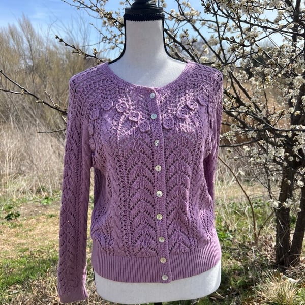 Sundance Lavender Crochet Floral Lace Knit Button Front Cardigan Sweater