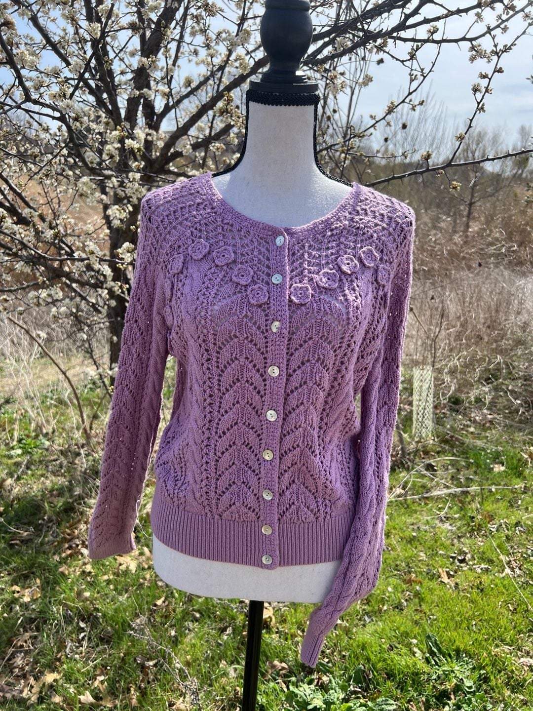 Sundance Lavender Crochet Floral Lace Knit Button Front Cardigan Sweater 3