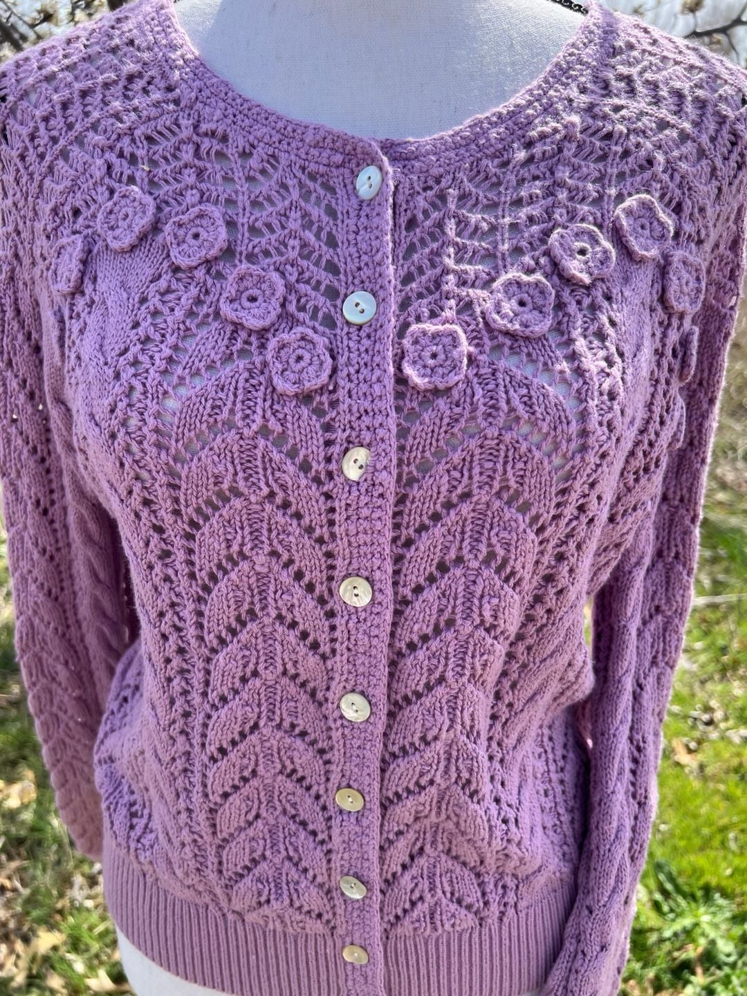 Sundance Lavender Crochet Floral Lace Knit Button Front Cardigan Sweater 4
