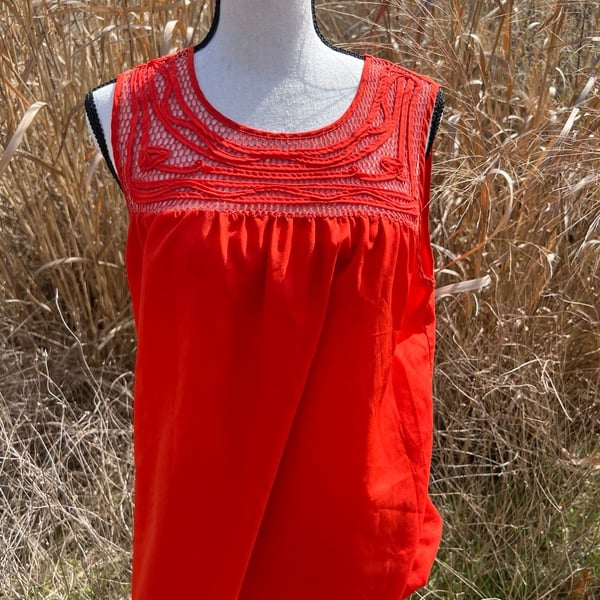 Petticoat Alley Red Sleeveless Crochet Lace Yoke Swing Blouse Top