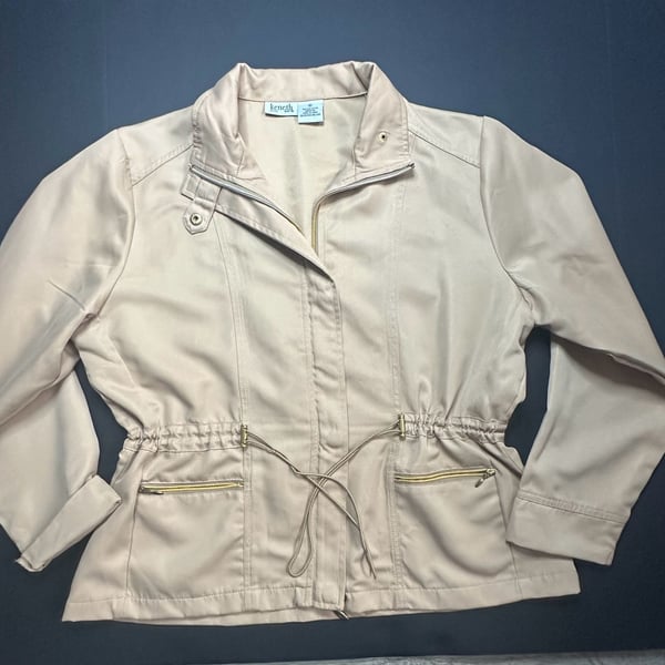 Keneth Too Beige Tan Lightweight Jacket Sz Large Cinch Waist Full Zip Mock Neck