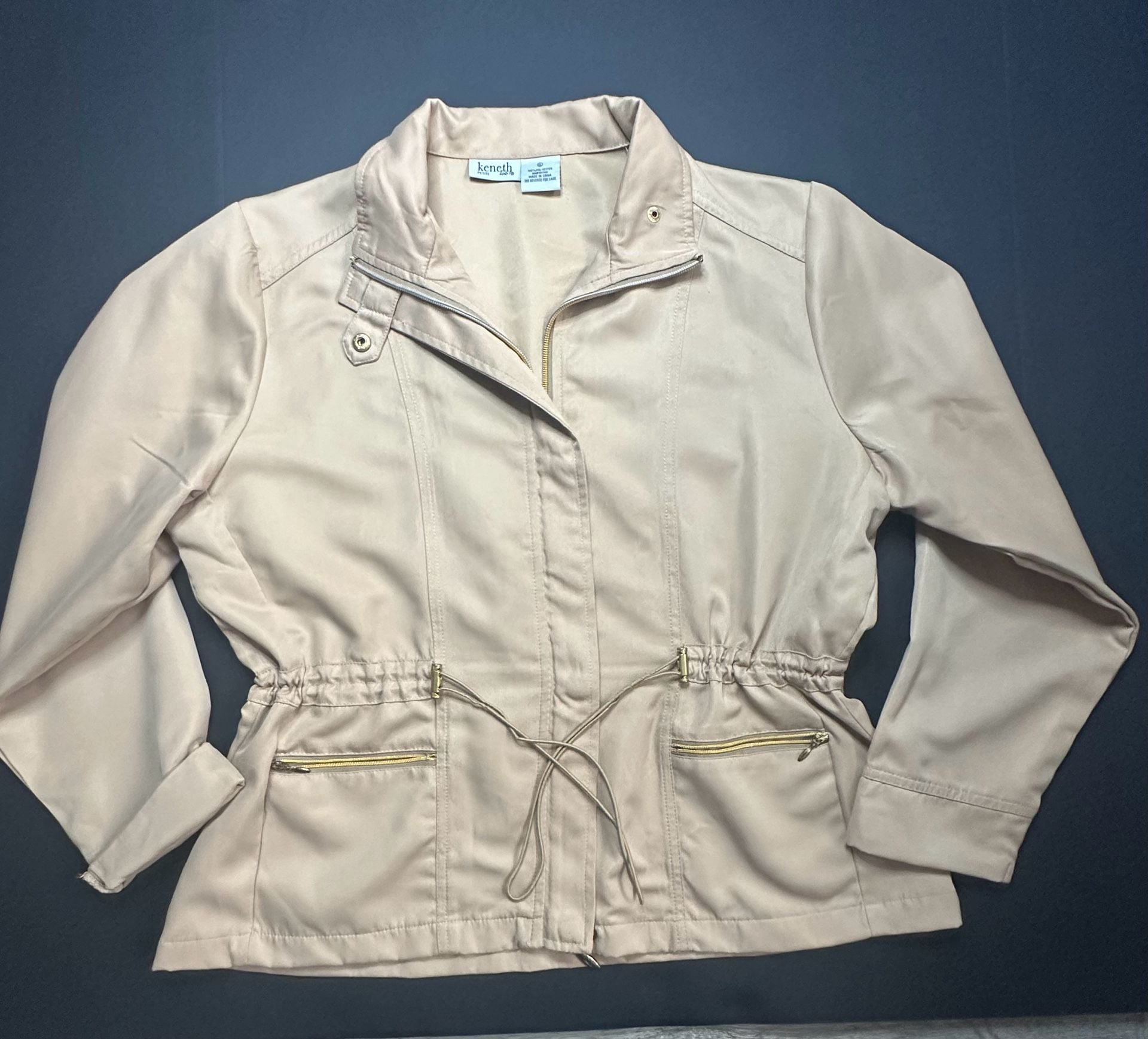 Keneth Too Beige Tan Lightweight Jacket Sz Large Cinch Waist Full Zip Mock Neck 6