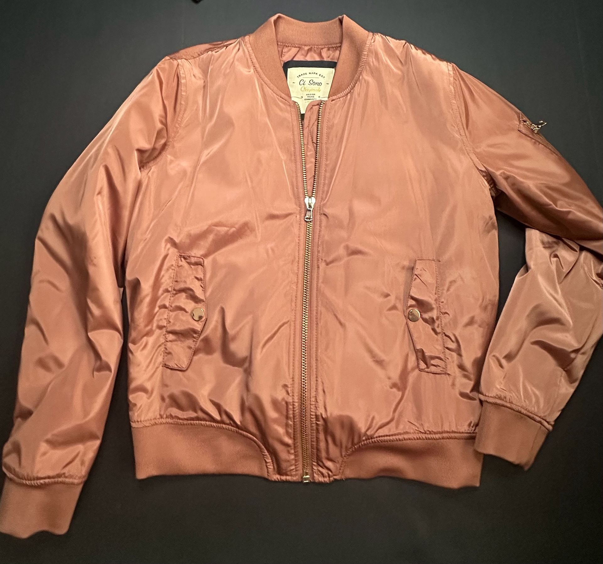 Ci Sono by Cavalini Rose Gold Satin Bomber Jacket Size Medium 2