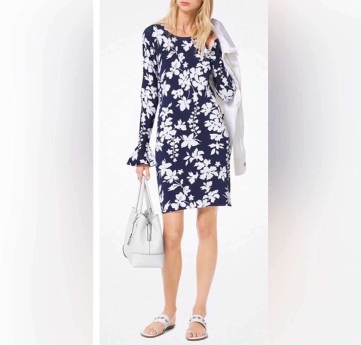 Michael Kors Navy Blue With White Floral Print Dress... 2
