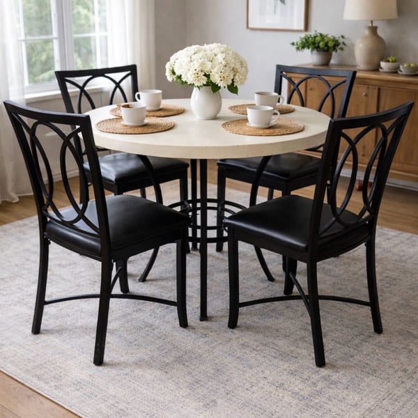 International Caravan Looking 5-Piece Round Dining Set with Scroll Back Chairs and Faux Leather Seats