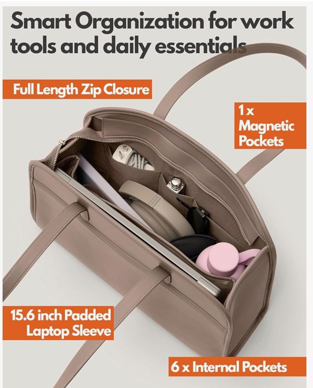 Peech Tote Bag for Women 15.6 Inch, for laptop Computer, Taupe 3