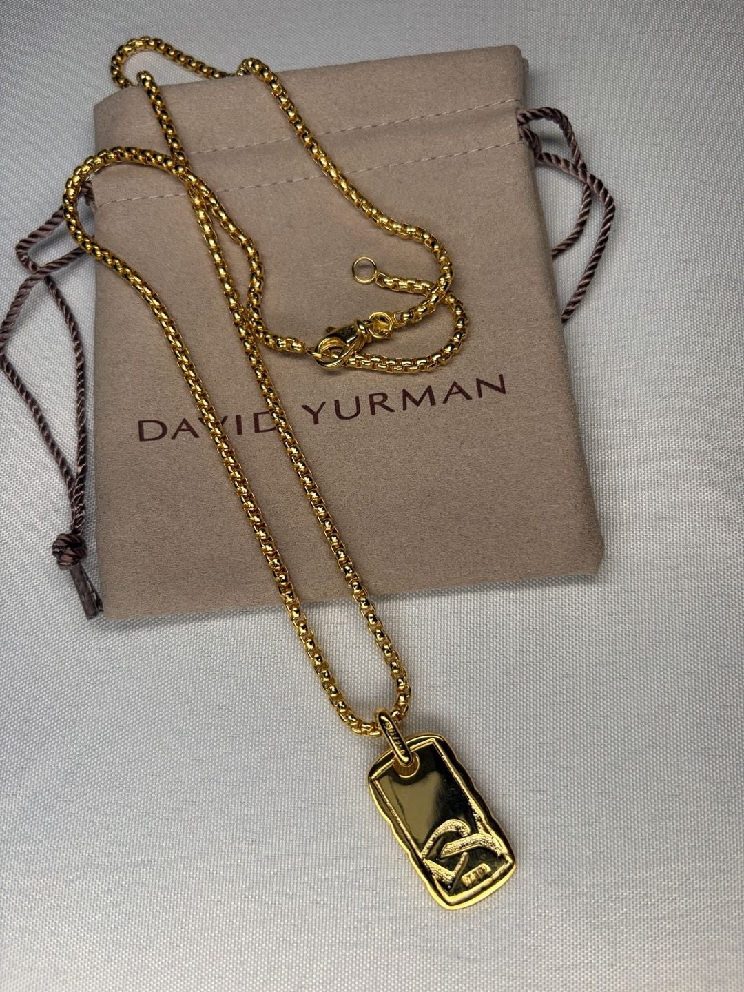 18K Yellow Gold Chevron Dog Tag Pendant and Box Chain Necklace 7