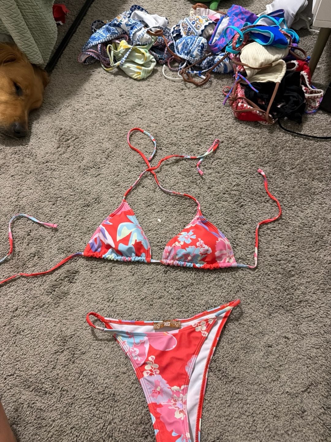 Copper Closet Red Floral Tropical Triangle Bikini Two-Piece Set 1
