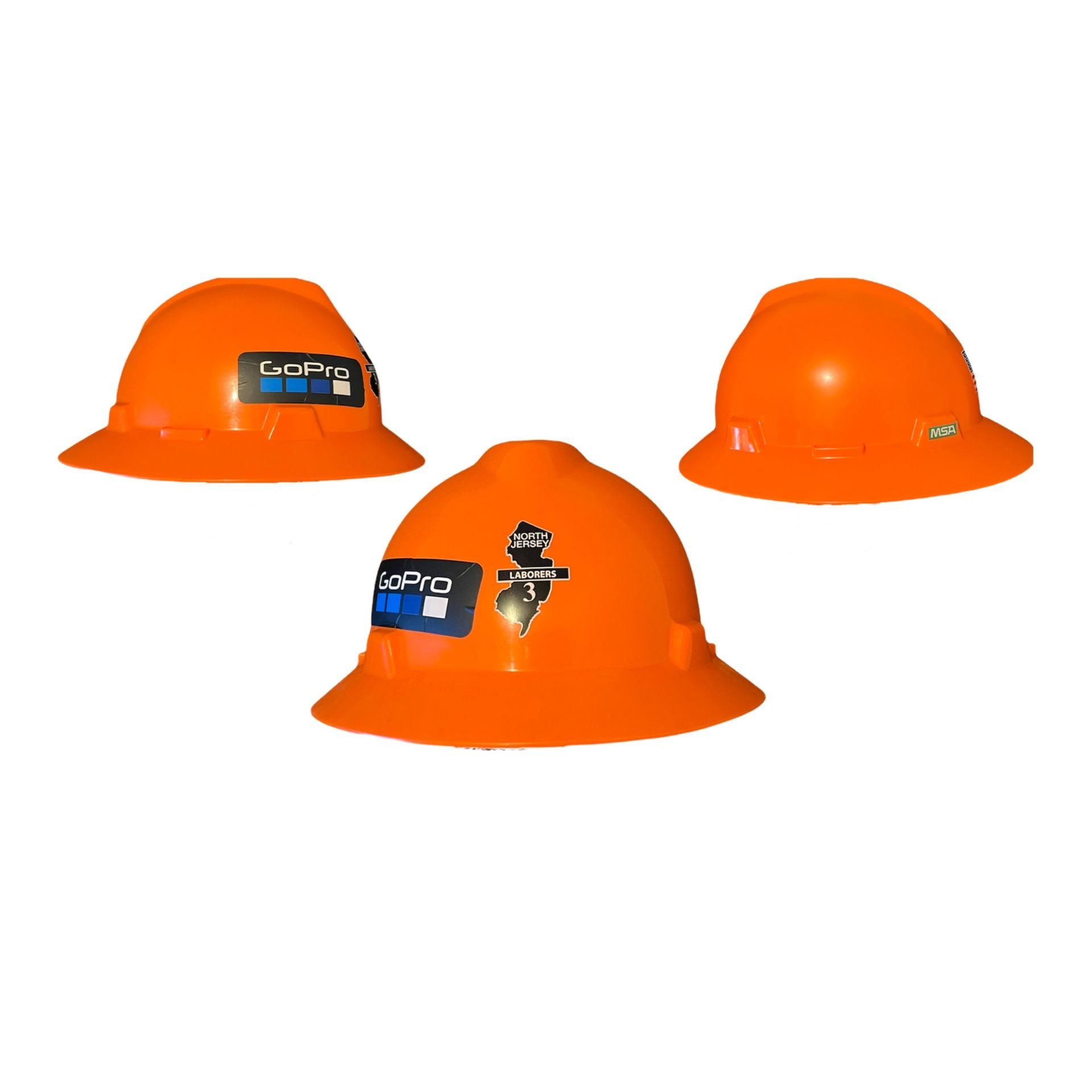 MSA V-Gard Orange Full Brim Hard Hat with Custom Stickers 2