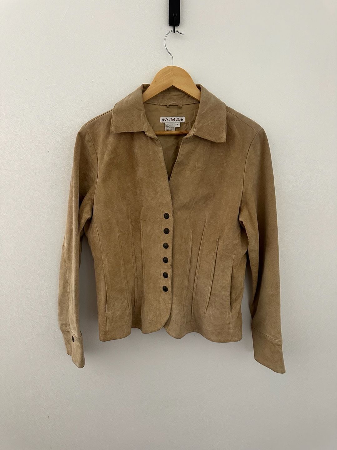 A.M.I. Vintage Tan Suede 100% Leather Button-Up Collared Jacket Size M 2