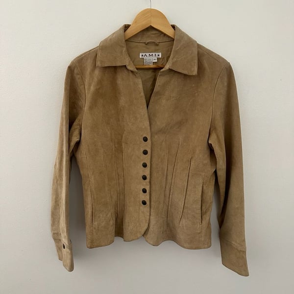A.M.I. Vintage Tan Suede 100% Leather Button-Up Collared Jacket Size M