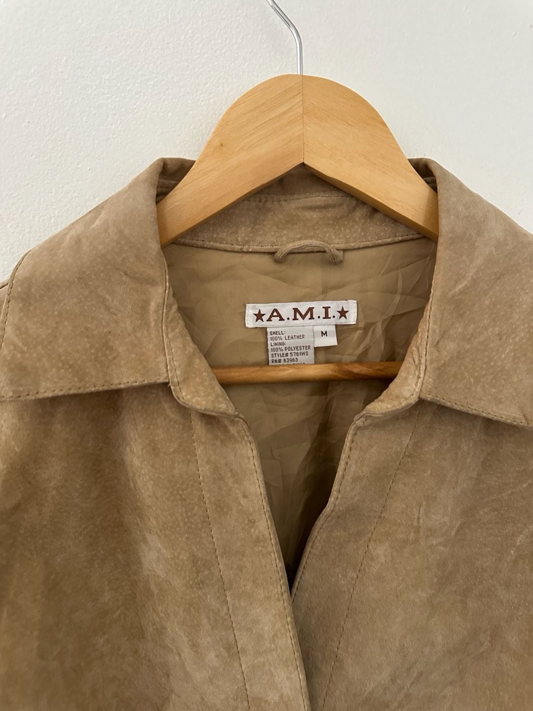 A.M.I. Vintage Tan Suede 100% Leather Button-Up Collared Jacket Size M 3