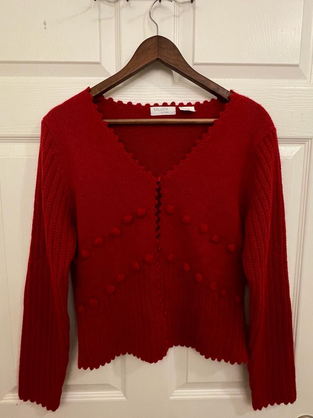 Vintage Baluchi Red Popcorn Knit Cardigan Sweater Scalloped Trim V-Neck M/L 4
