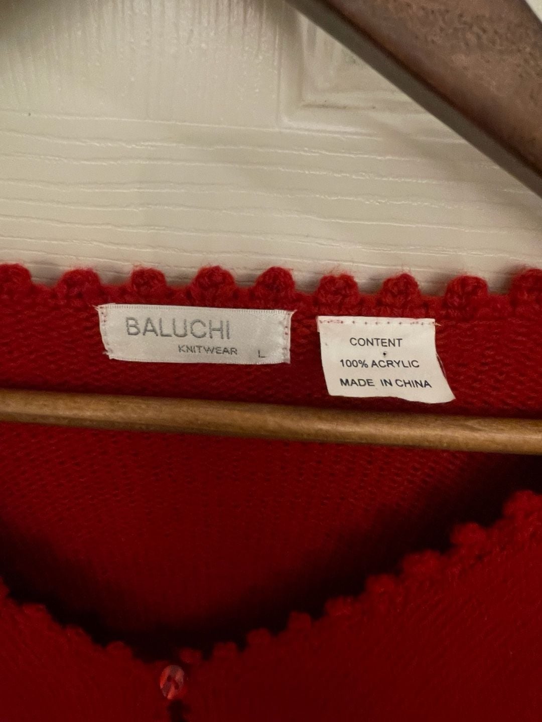 Vintage Baluchi Red Popcorn Knit Cardigan Sweater Scalloped Trim V-Neck M/L 5