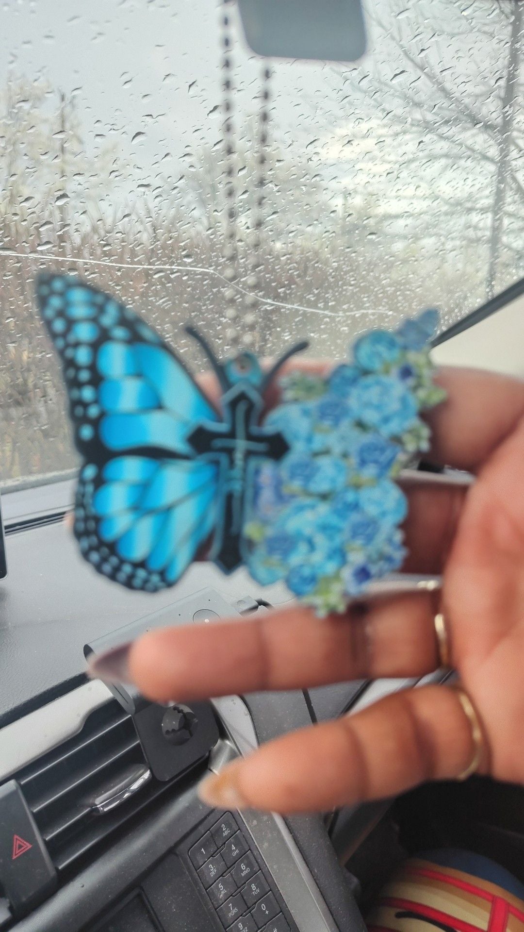 Acrylic Blue Butterfly Faith Cross Car Rear View Mirror Hanging Ornament 1