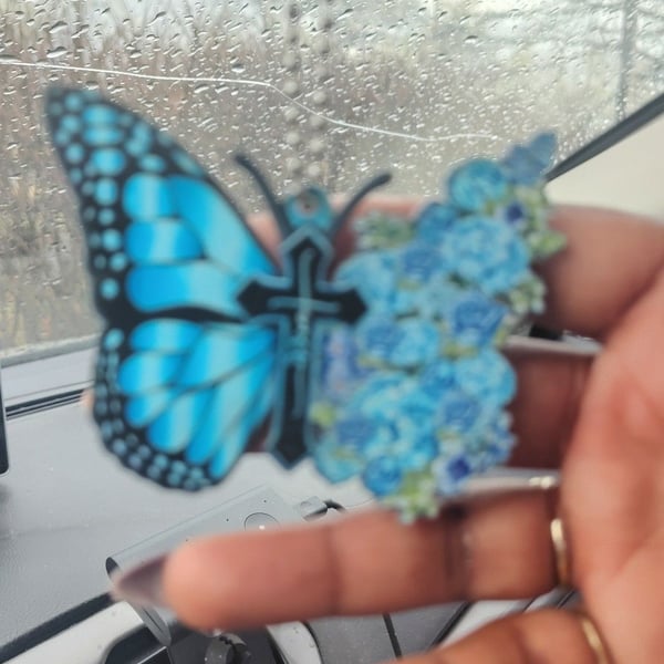 Acrylic Blue Butterfly Faith Cross Car Rear View Mirror Hanging Ornament