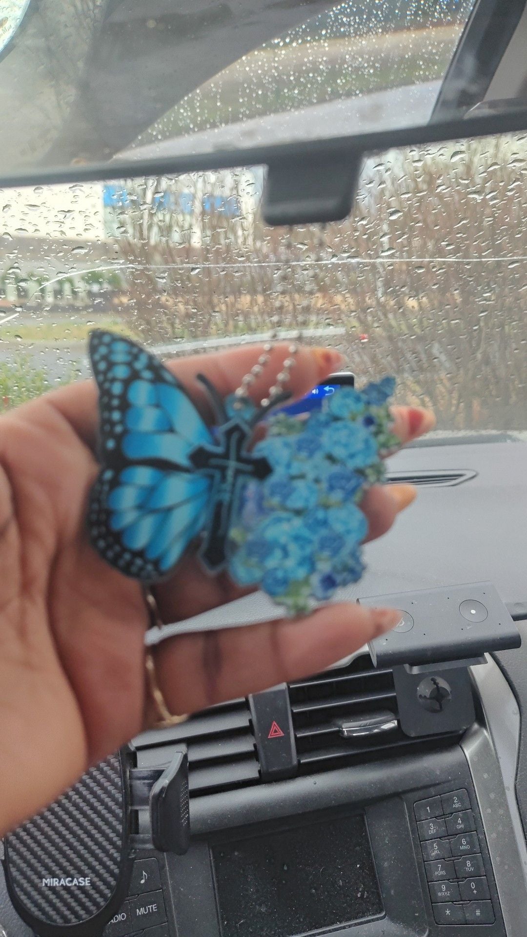 Acrylic Blue Butterfly Faith Cross Car Rear View Mirror Hanging Ornament 2