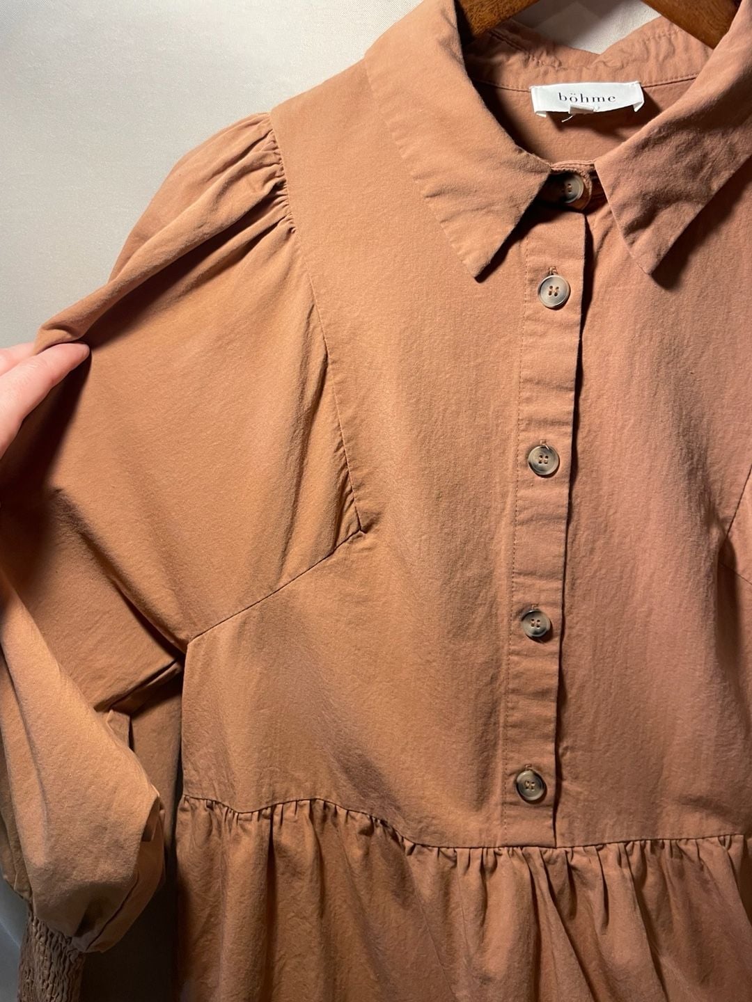 böhme Camel Tiered Collared Smocked Cuff Mini Dress Small/Medium 5