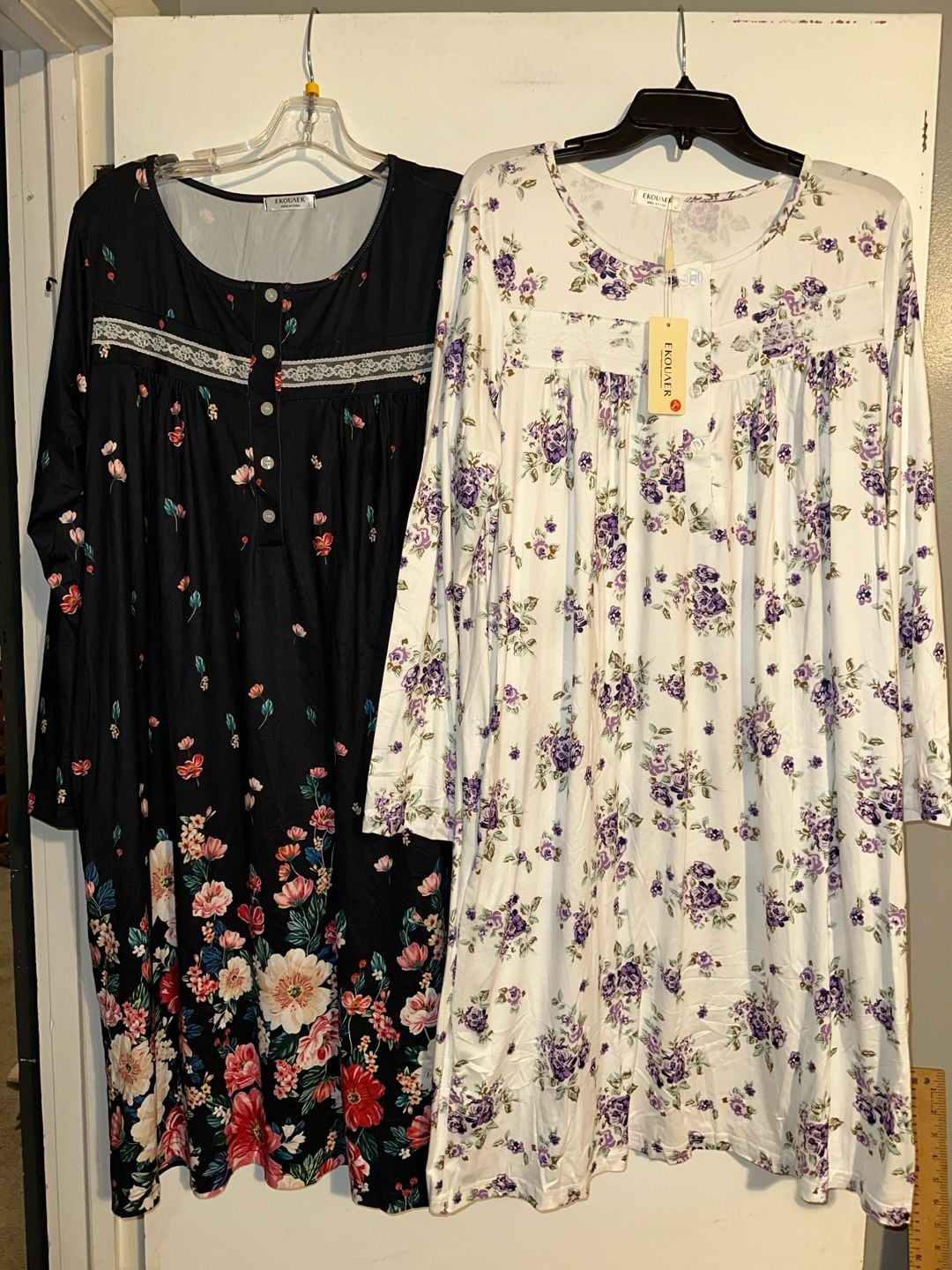 Ekouaer 2-Pack Women's Long Sleeve Floral Print Nightgowns with Lace Detail 1