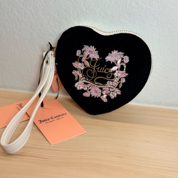 Juicy Couture Juicy In Bloom Heart ZA Coin Purse Wristlet Liquorice Black Velour