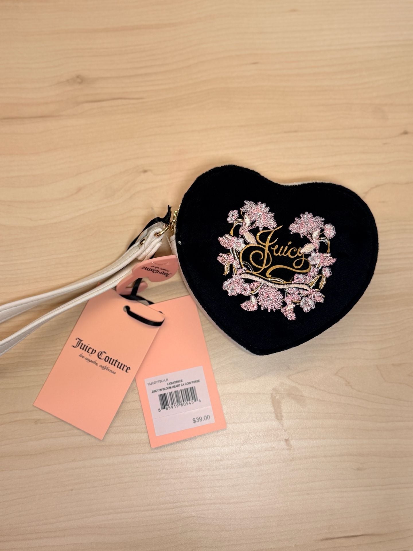 Juicy Couture Juicy In Bloom Heart ZA Coin Purse Wristlet Liquorice Black Velour 4