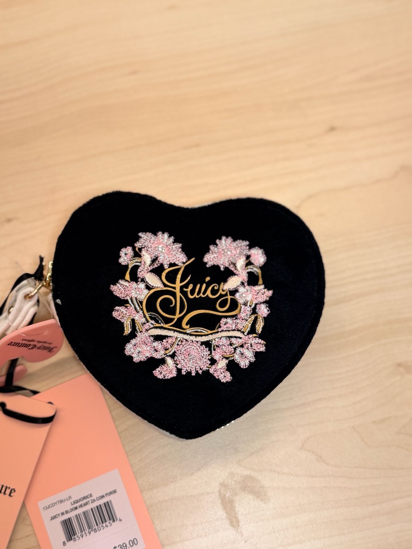 Juicy Couture Juicy In Bloom Heart ZA Coin Purse Wristlet Liquorice Black Velour 5