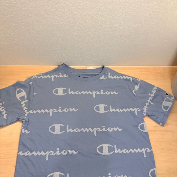 Champion Boys Oversized Fit All Over Script Logo T-Shirt Spring Lake Blue Size S