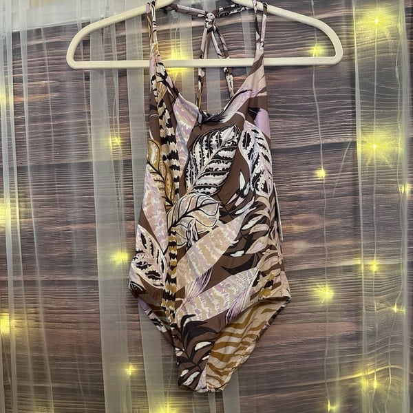 Unsubscribed Tropical Leaf Print One Piece Ruched Halter Swimsuit