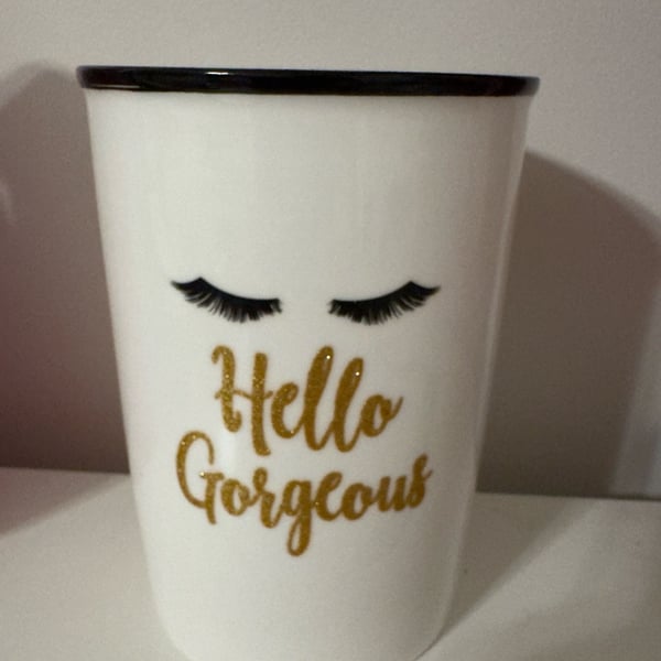 Hello Gorgeous Eyelashes Two-Tone White and Black Ceramic Makeup Brush Holder Mug