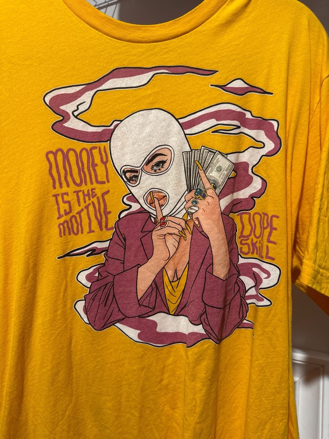 Dope Skill Money Is The Motive Masked Woman Graphic T-Shirt Yellow XL 3